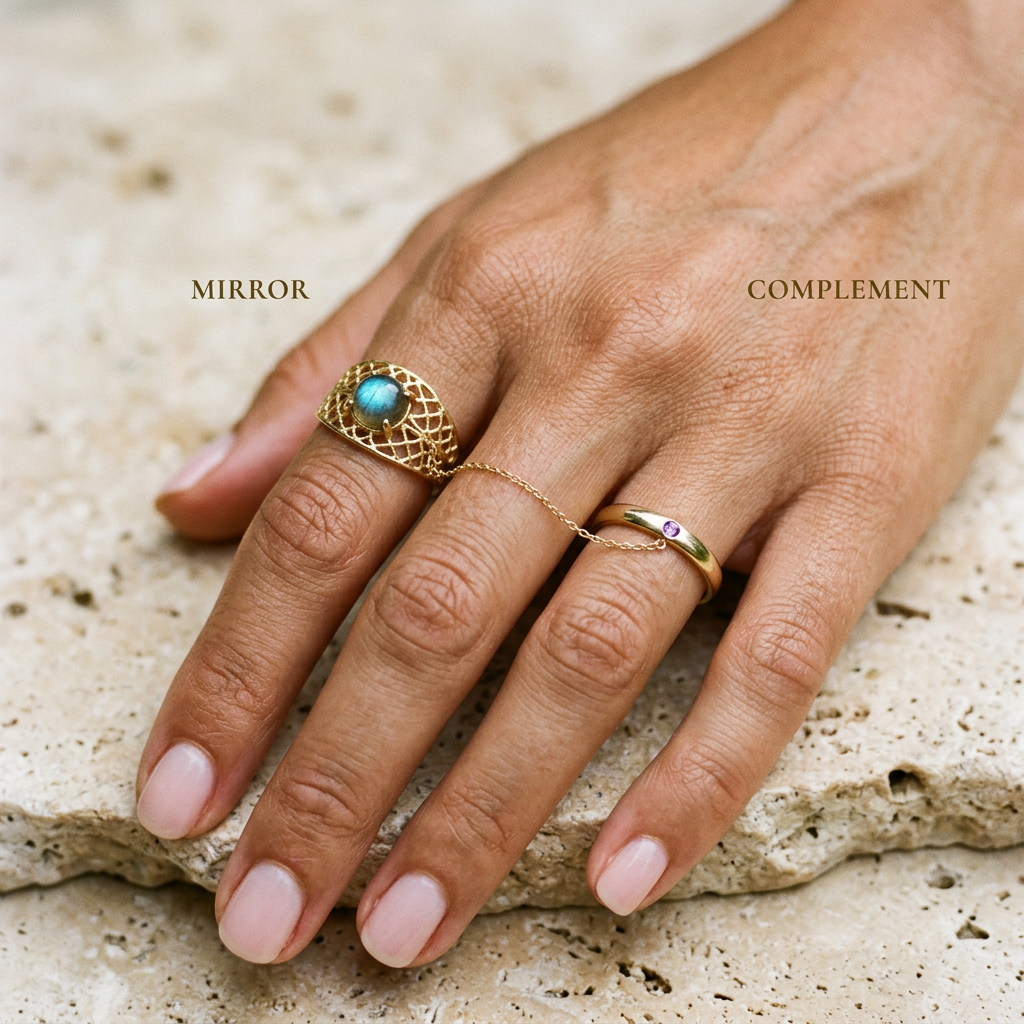 Meridian Axis Link #01 [11111] Prime Convergence | Moonstone & Amethyst Stacking Ring Set