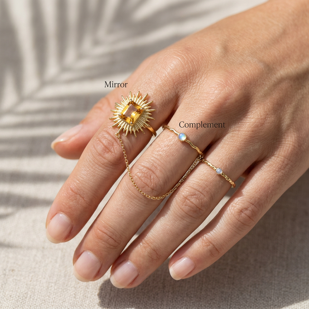 Meridian Axis Link #02 [11110] Radiant Trajectory | Citrine & Moonstone Stacking Ring Set