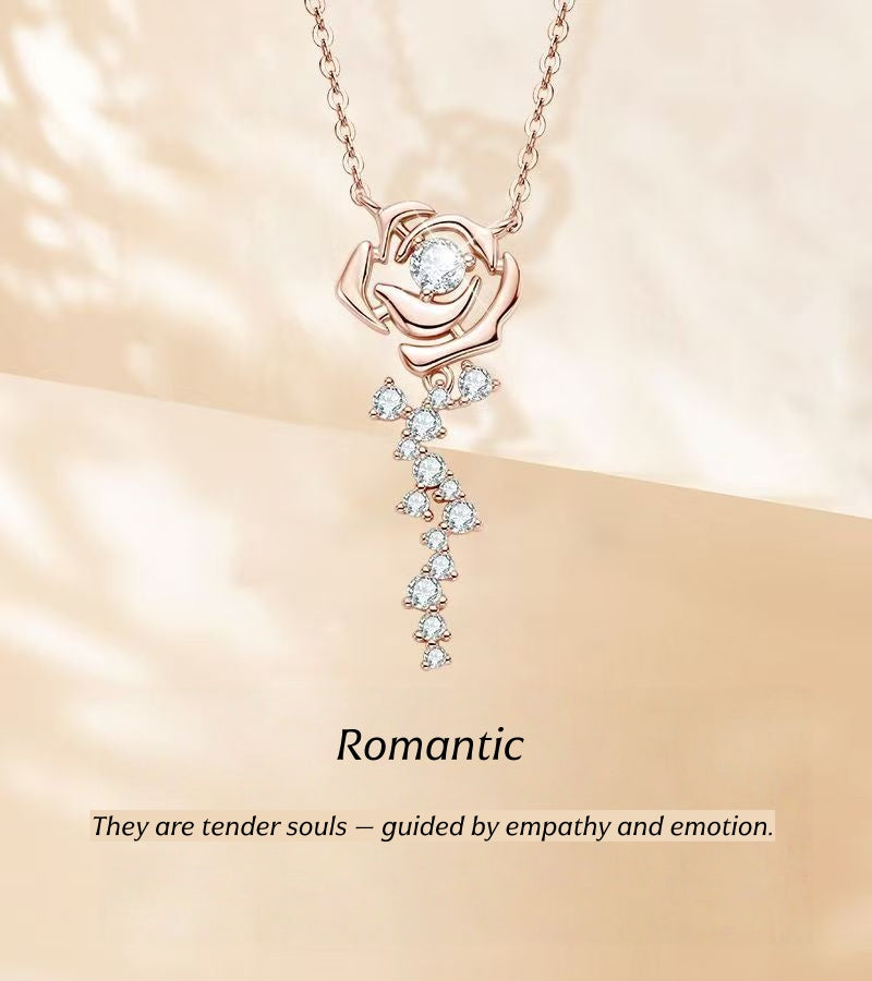 PMO-069 Rose Gold Rose Pendant for Tender Souls | S925 Moissanite Jewelry for High Agreeableness, Neuroticism & Openness | Warm Emotional Intuitive Necklace