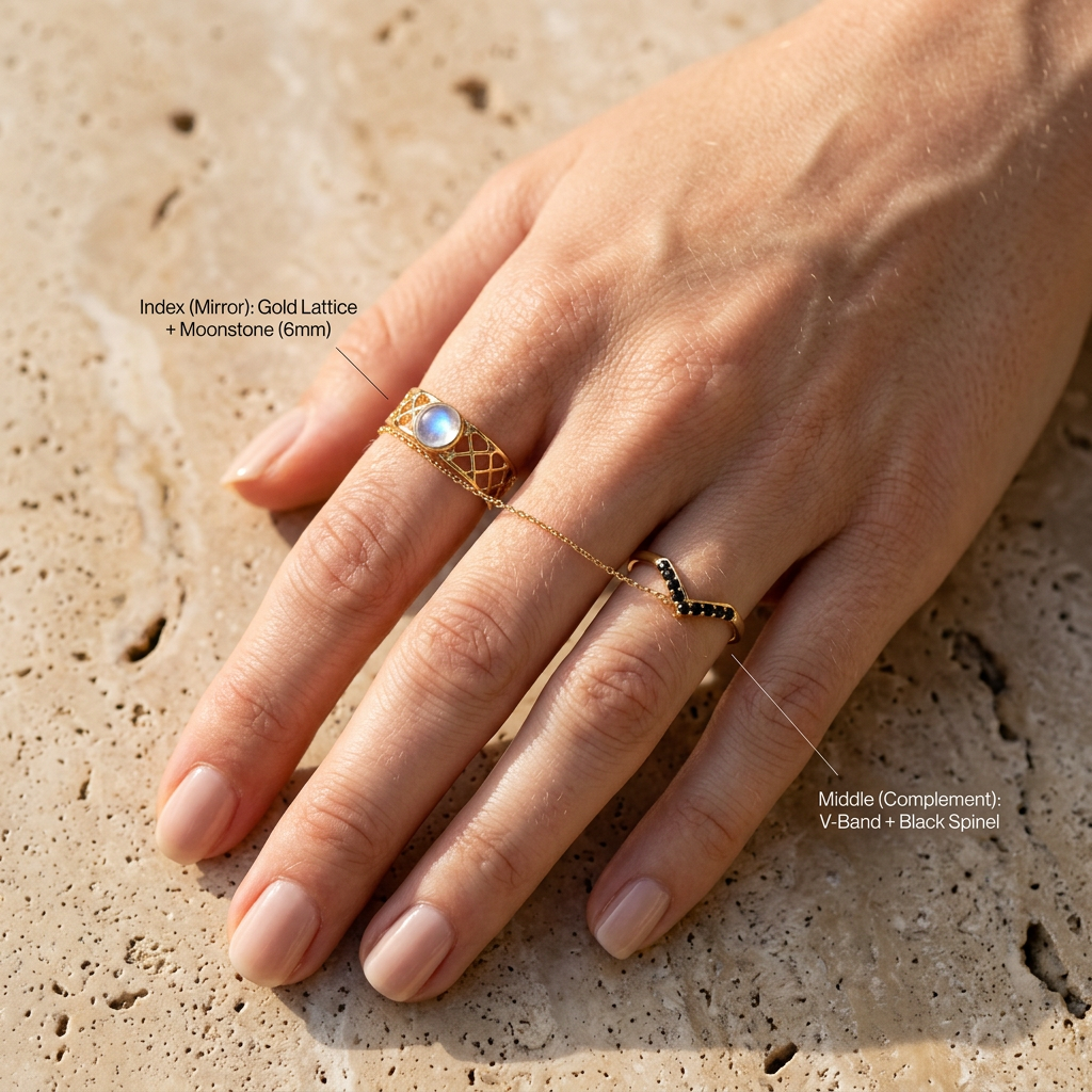 Meridian Axis Link #04 [11100] Absolute Velocity | Moonstone & Black Spinel Stacking Ring Set