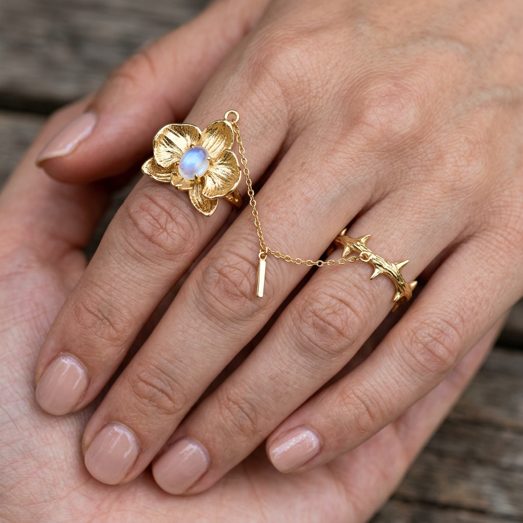 Botanical Link #04 [11100] Strategic Thorn | Moonstone & Black Spinel Ring
