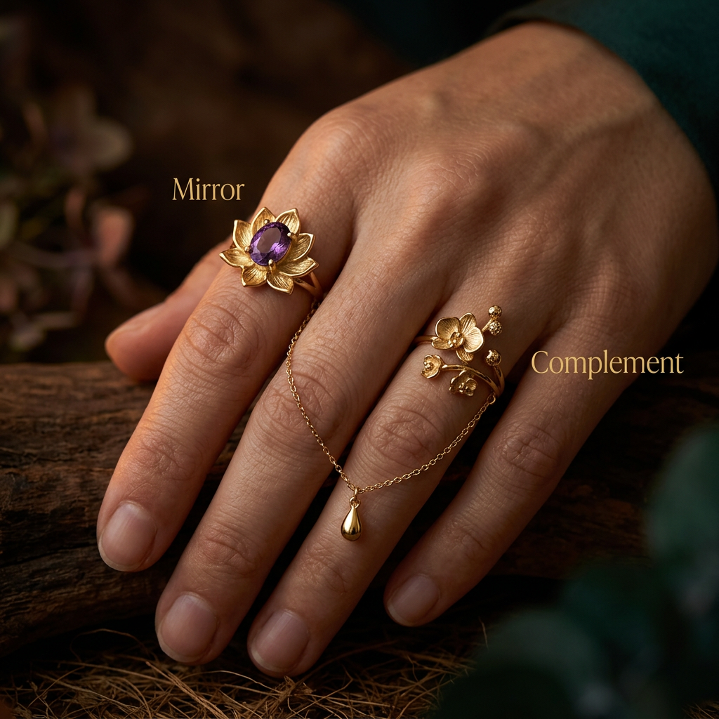 Botanical Link #07 [11001] Deep Nymphaea | Amethyst & Moonstone Stacking Ring