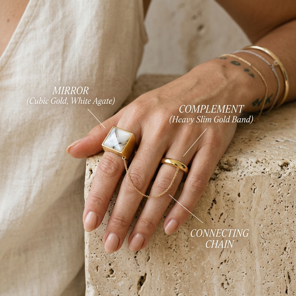 Meridian Axis Link #08 [11000] Crystalline Grid | White Agate & Amethyst Stacking Ring Set