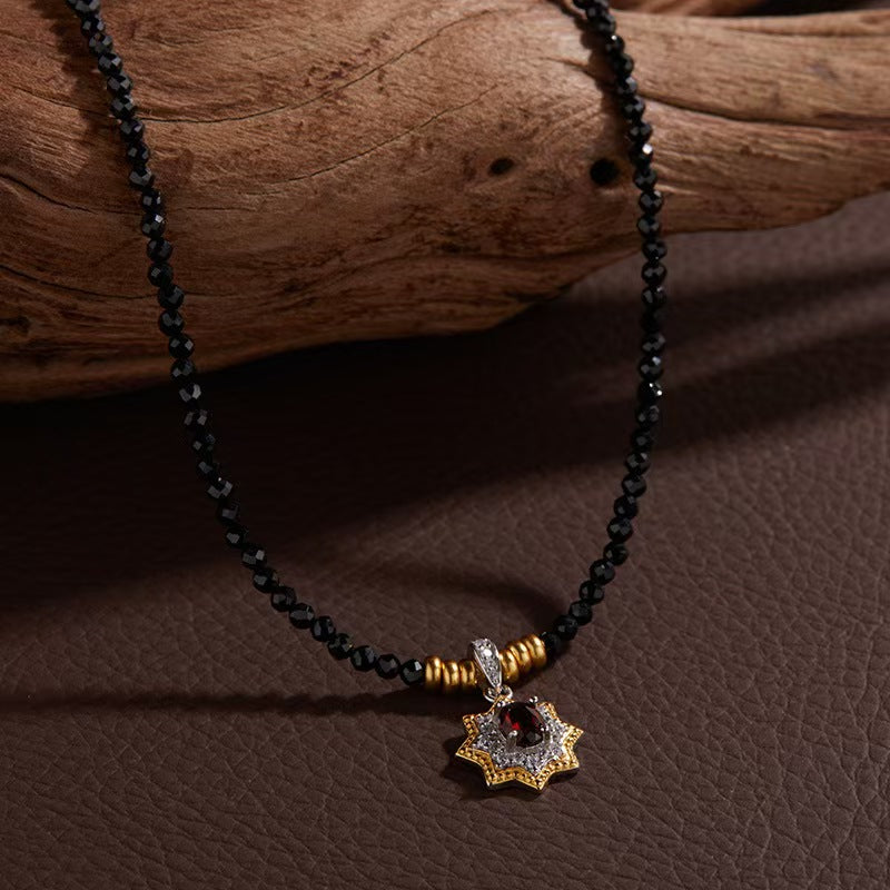 "Starlit Secret" Garnet Necklace S925 Sterling Silver & Black Spinel Mysterious Collection