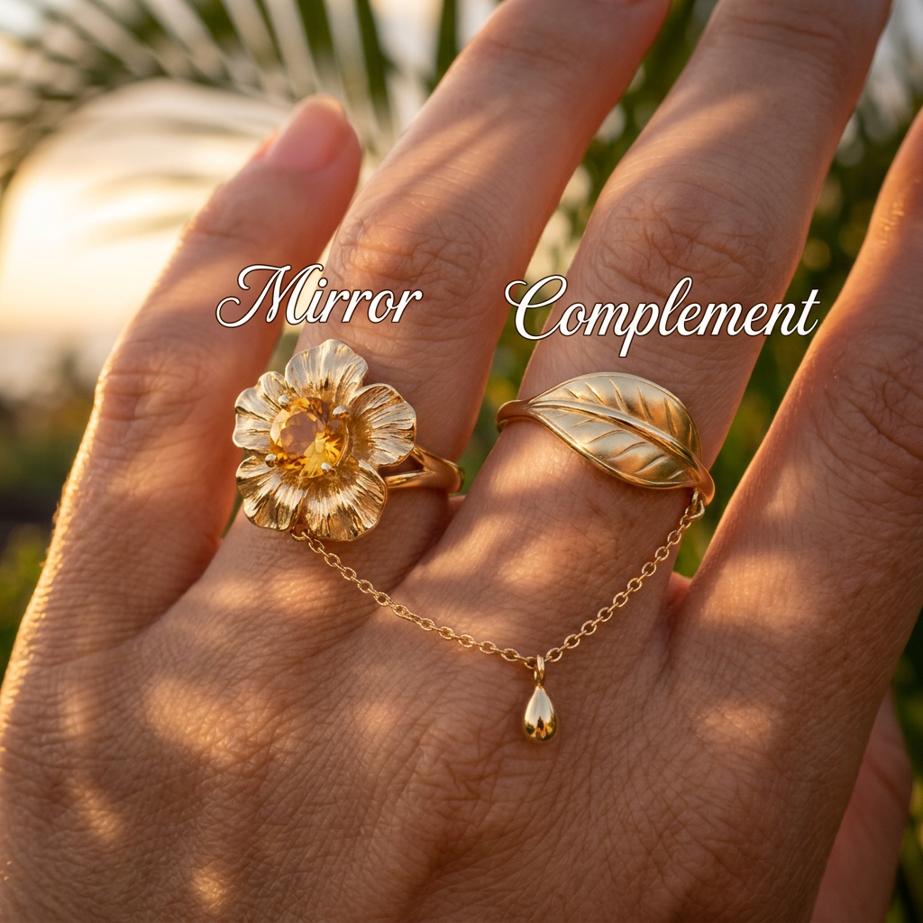Botanical Link #10 [10110] Golden Plumeria | Citrine & Rose Quartz Stacking Ring