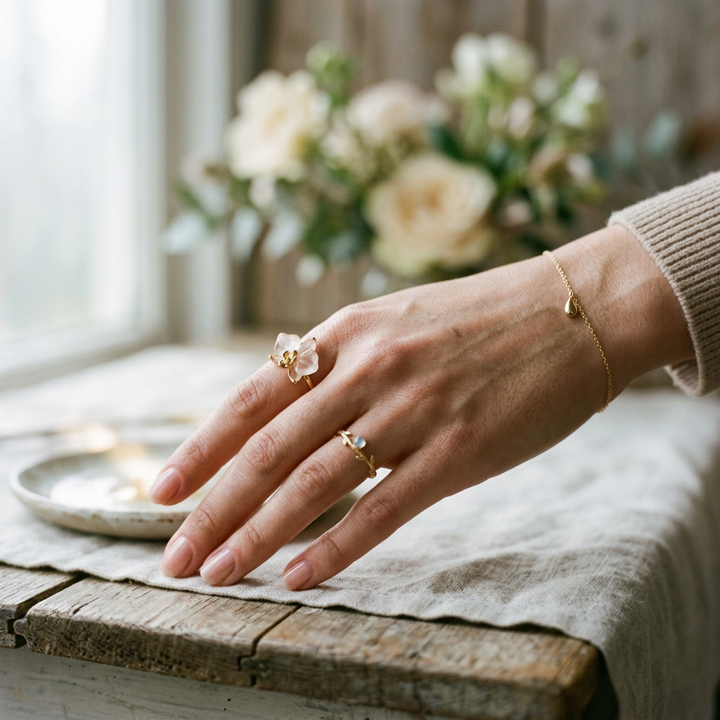 Botanical Link #13 [10011] Subtle Bloom | Rose Quartz & Moonstone Ring Set
