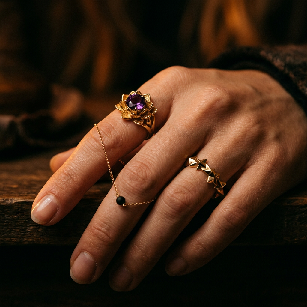 Botanical Link #15 [10001] Silent Quasar | Amethyst & Black Spinel Ring Set