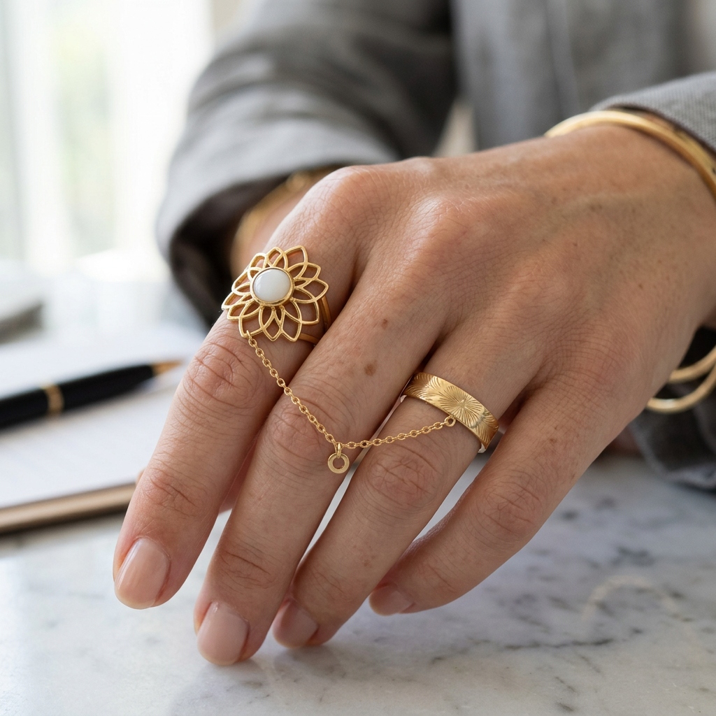 Botanical Link #18 [01110] Central Pillar | White Agate & Citrine Stacking Ring