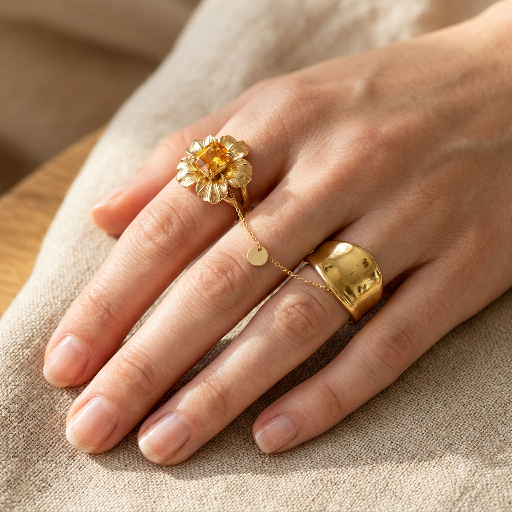 Botanical Link #19 [01101] Kinetic Stability | Citrine & Amethyst Stacking Ring