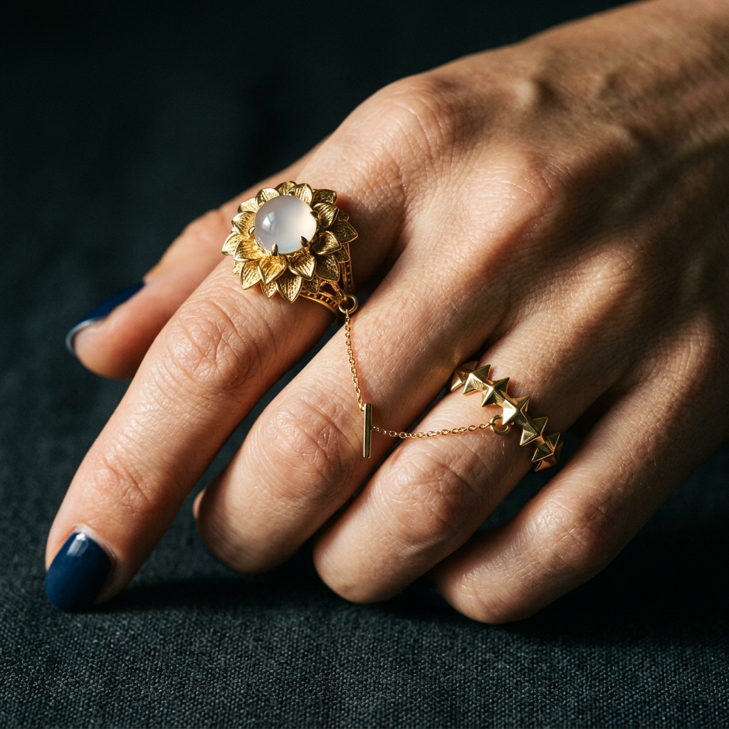 Botanical Link #20 [01100] Tectonic Dahlia | White Agate & Black Spinel Ring