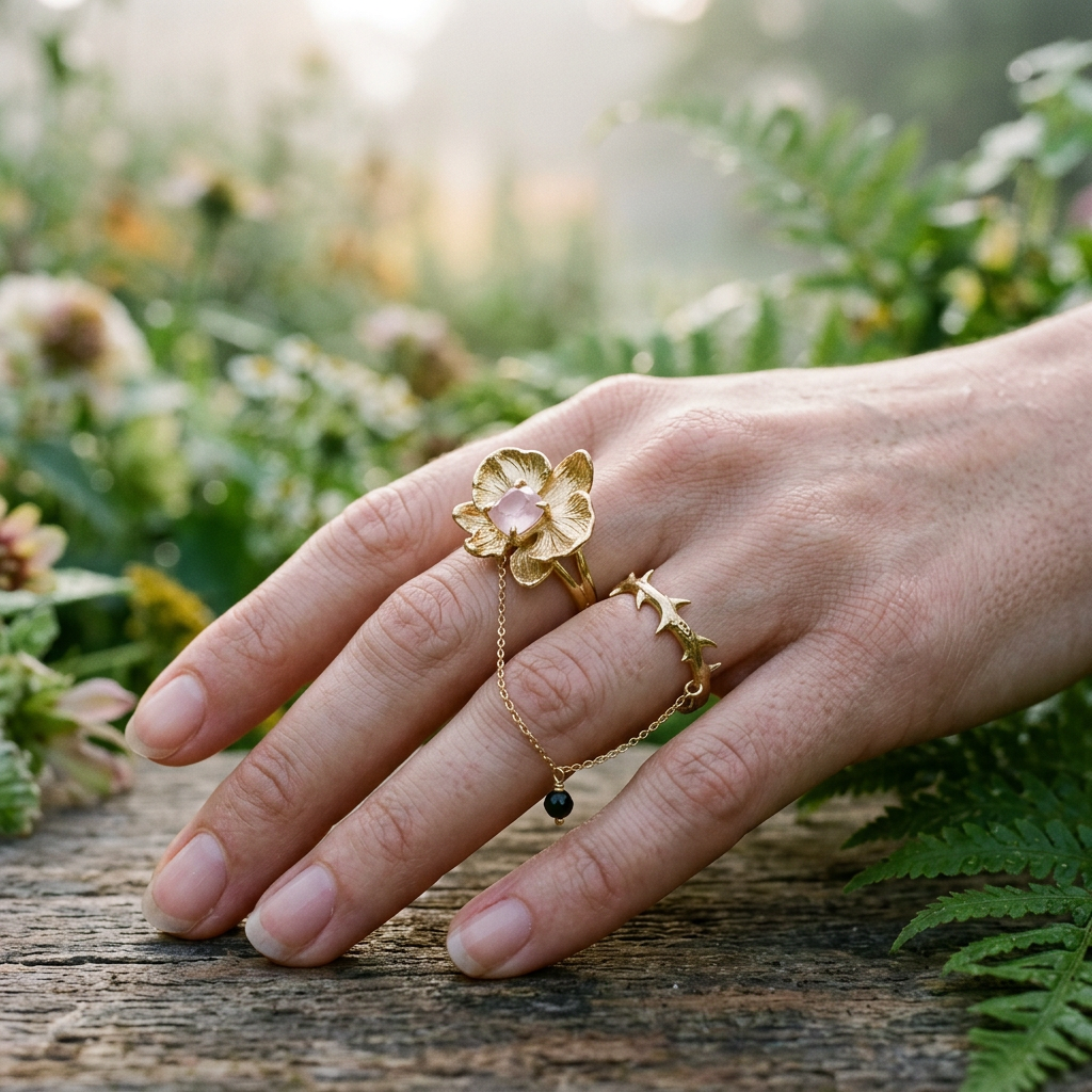 Botanical Link #21 [01011] Resilient Orchid | Rose Quartz & Black Spinel Stacking Ring