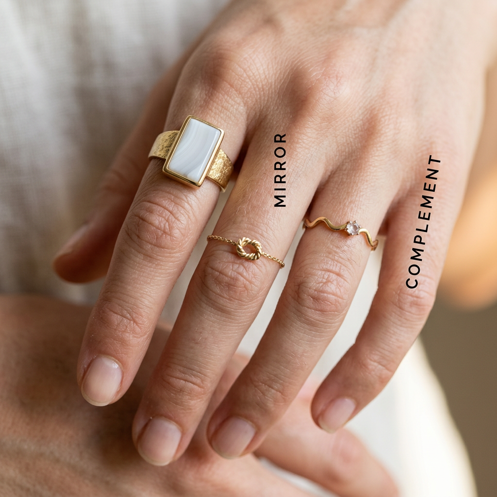 Meridian Axis Link #22 [01010] Pragmatic Flow | White Agate & Rose Quartz Stacking Ring Set