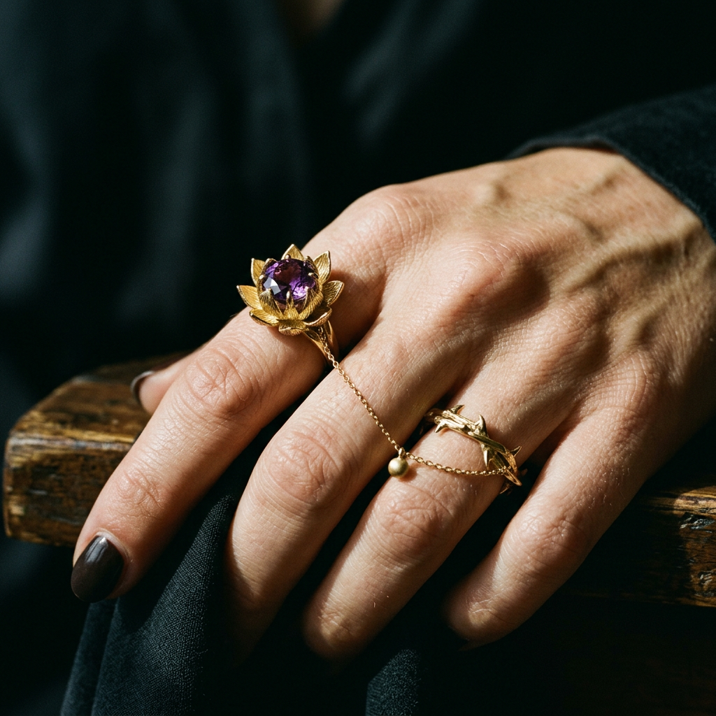 Botanical Link #23 [01001] Vigilant Lotus | Amethyst & Black Spinel Stacking Ring
