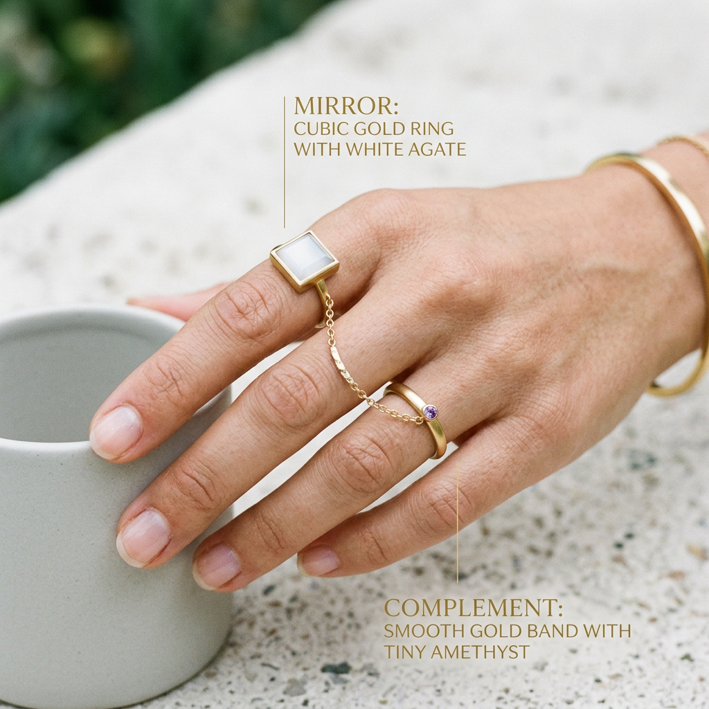 Meridian Axis Link #24 [01000] Solid Meridian | White Agate & Amethyst Stacking Ring Set