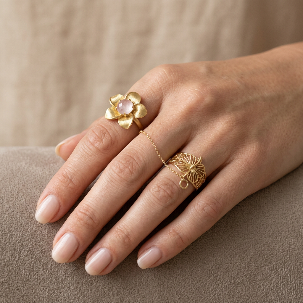 Botanical Link #26 [00110] Social Plumeria | Rose Quartz & Citrine Stacking Ring