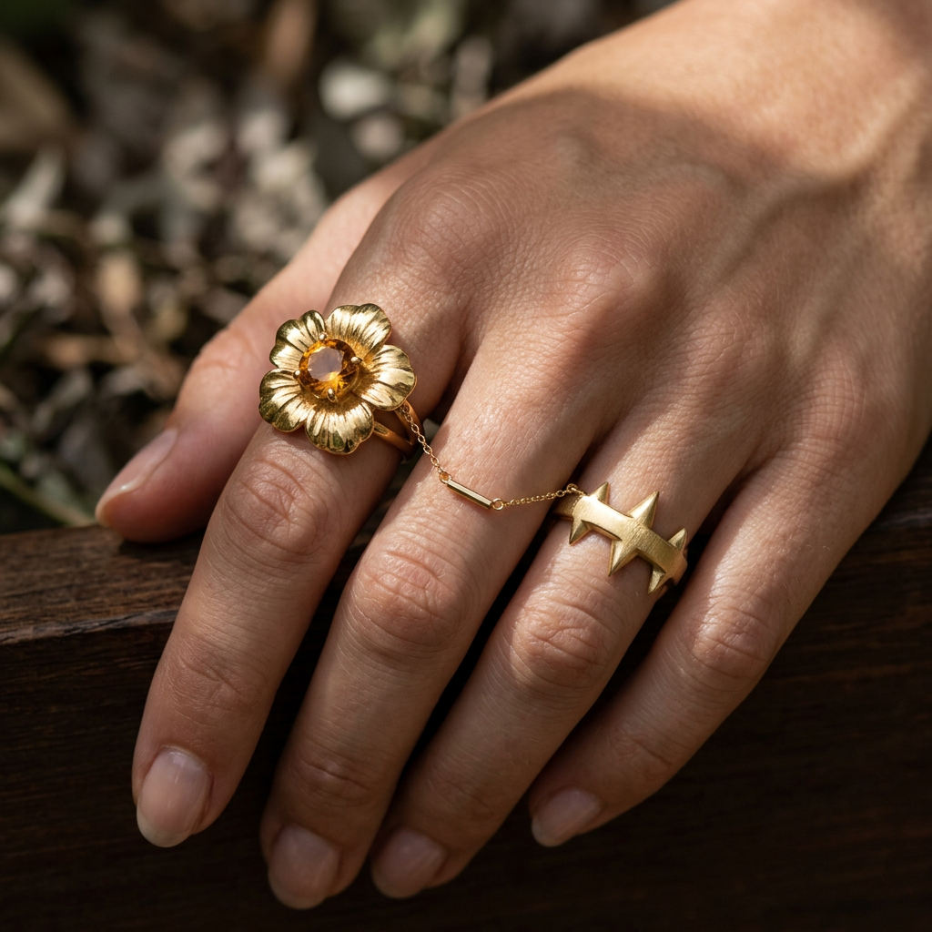 Botanical Link #27 [00101] Spontaneous Bud | Citrine & Black Spinel Ring Set