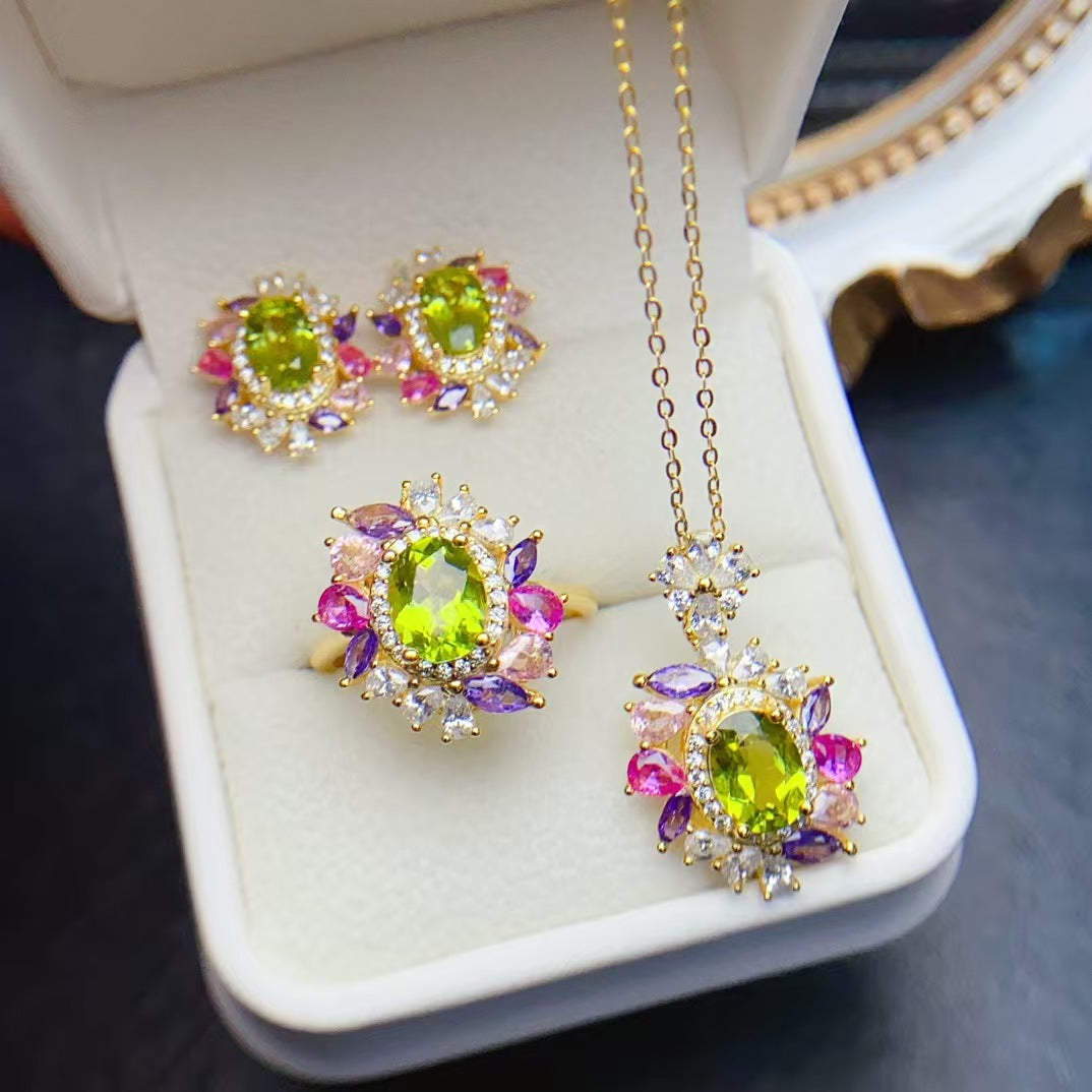 Romantic Peridot Jewelry Set - S925 Silver Light Luxury Fashion Suite | Handmade Gemstone Gift for Her