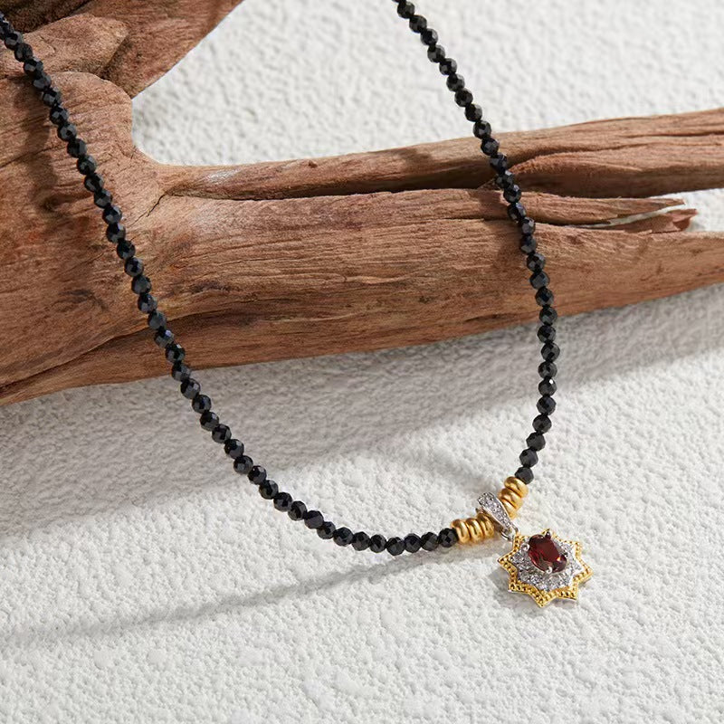 "Starlit Secret" Garnet Necklace S925 Sterling Silver & Black Spinel Mysterious Collection