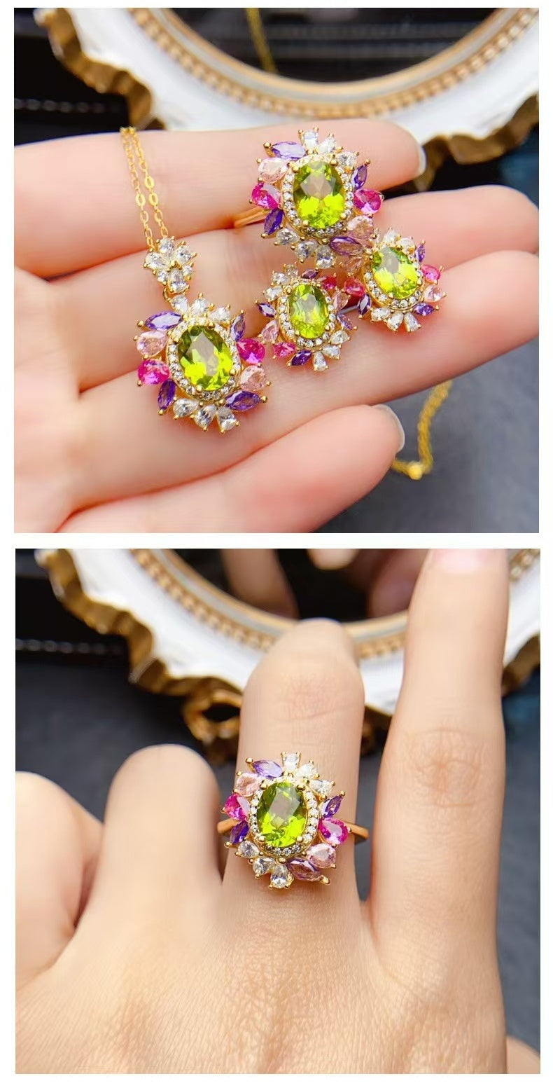 Romantic Peridot Jewelry Set - S925 Silver Light Luxury Fashion Suite | Handmade Gemstone Gift for Her