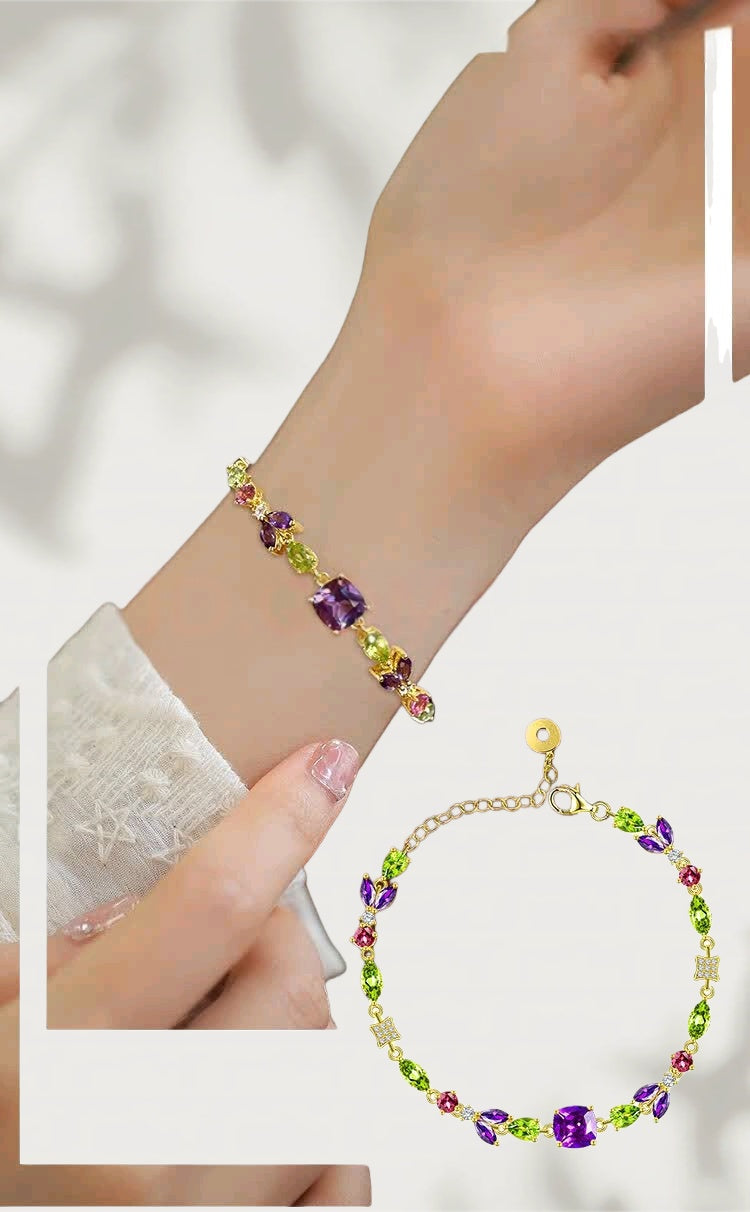 Hand bracelet - S925 silver, crystal, gemstone, olivine and tourmaline luxury accessory. Ideal gift for girls on New Year's Day. Each item comes with a certificate.