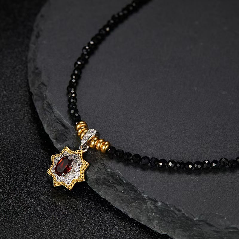 "Starlit Secret" Garnet Necklace S925 Sterling Silver & Black Spinel Mysterious Collection