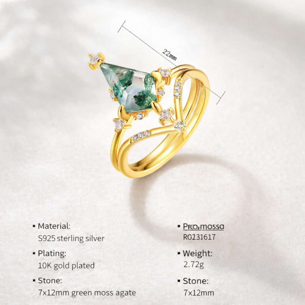 Moss Agate Ring 10K Gold Light Luxury Design