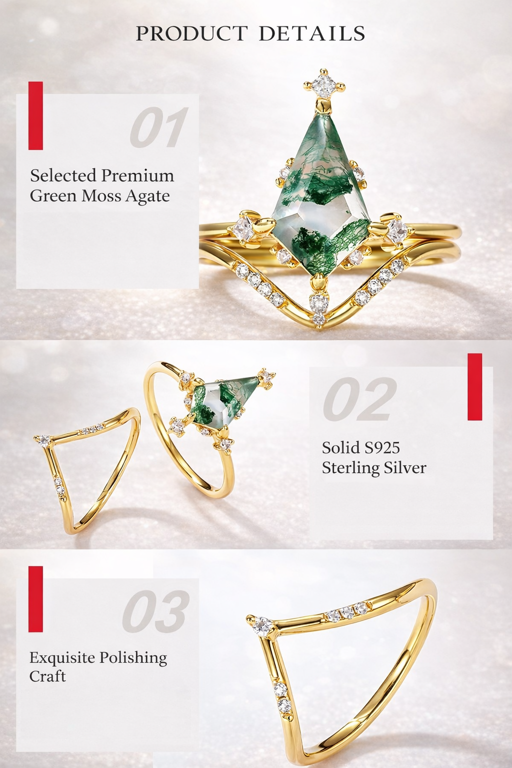 Moss Agate Ring 10K Gold Light Luxury Design