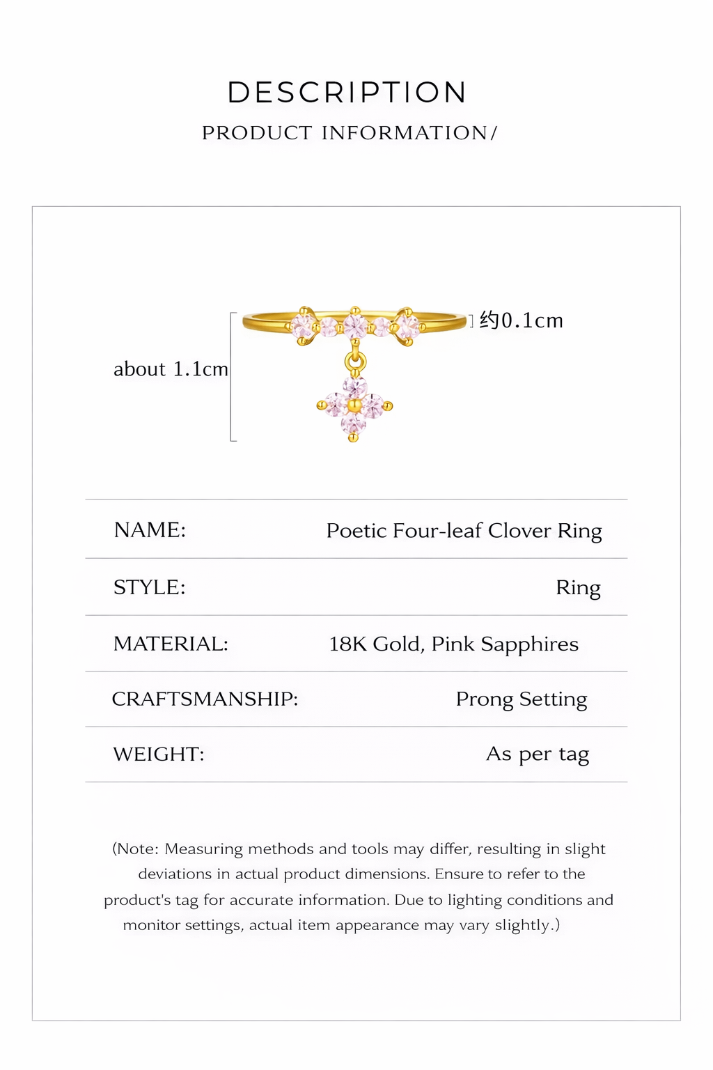18K Gold Women's Ring - Po Song Four-Leaf Clover Ring with Pink Zirconia for Fashion Gift for Your Girlfriend. Po Song Four-Leaf Clover Ring #13