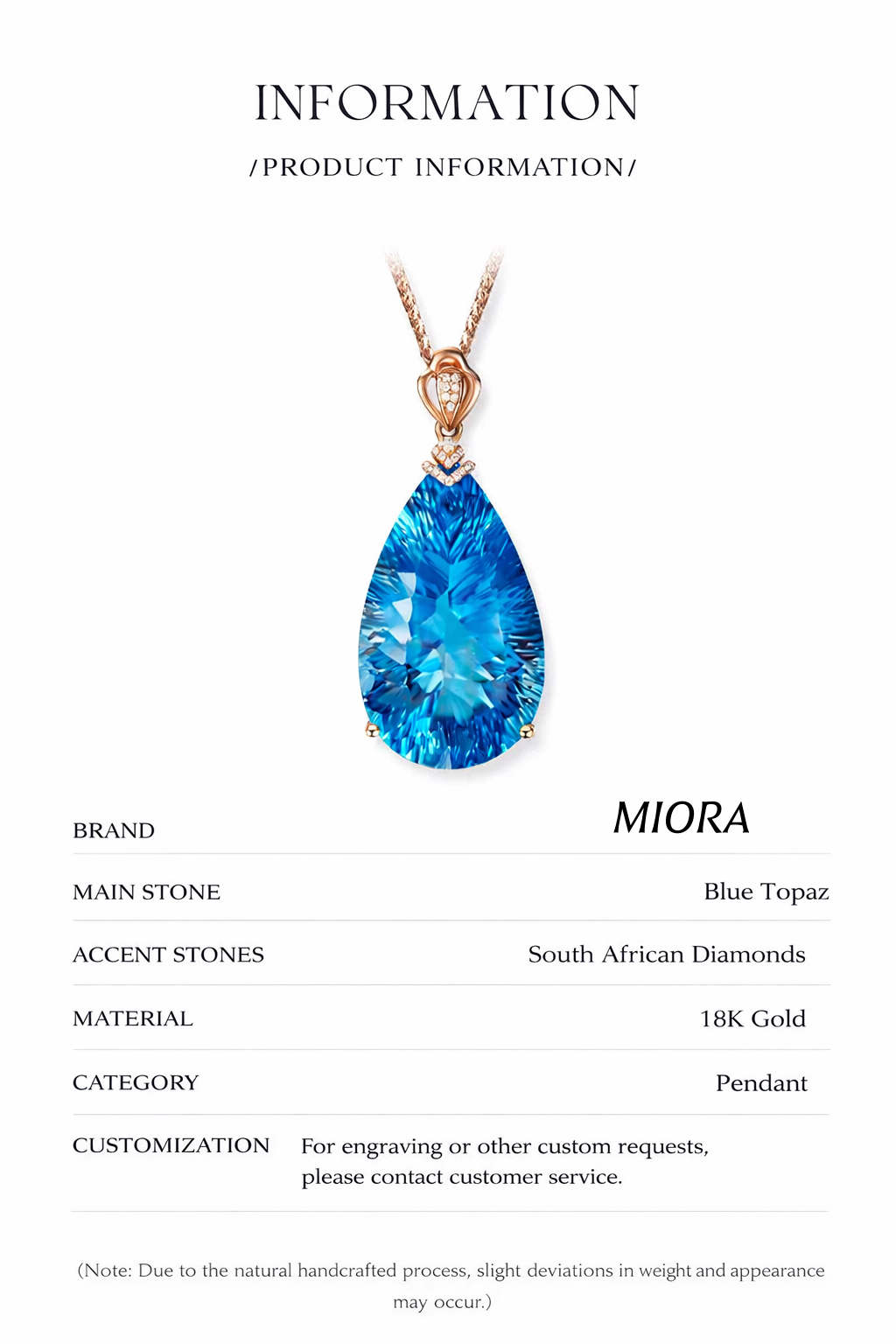 18k gold topaz pendant for women - sky blue drop necklace - diamond-set blue gemstone jewelry 18 karat topaz pendant / 18K gold setting - without chain